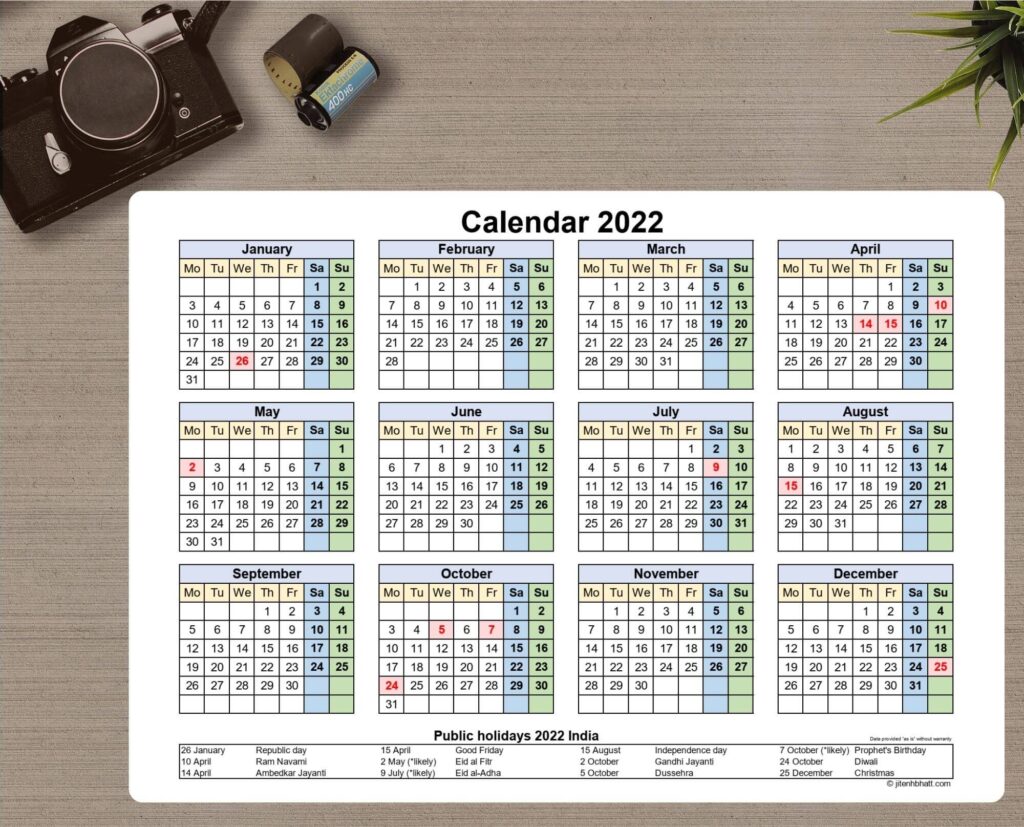 Printable Calendar 2022 with Indian holidays