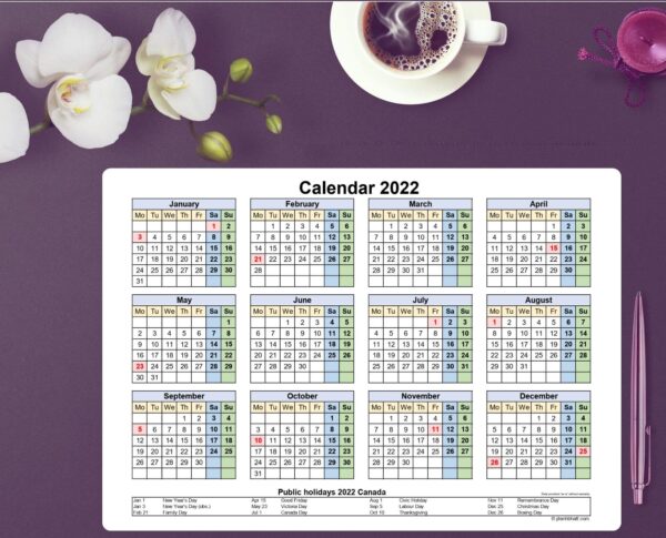 Printable Calendar 2022 with Canada Holidays